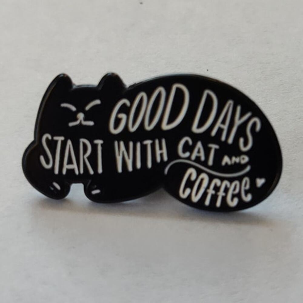 Cute Curled Up Cat With Good Days Start With Car and Coffee Pin Kitty Lapel Hat